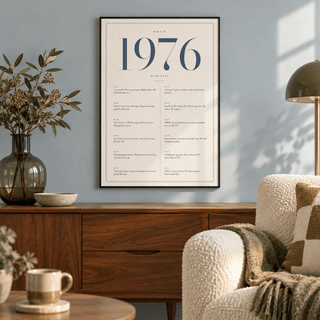 Cream and slate blue 1976 birth year print on a wall in a lived in room