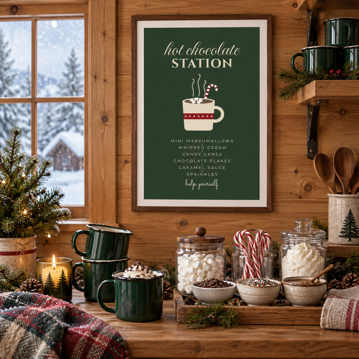 Festive hot chocolate sign print in an alpine cabin at Christmas