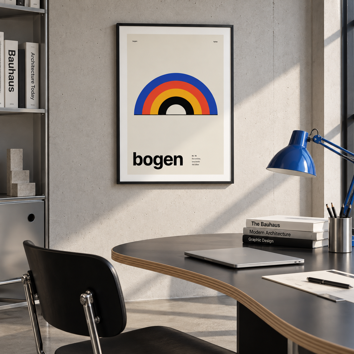 Cobalt red and mustard arches print above a desk in a home office