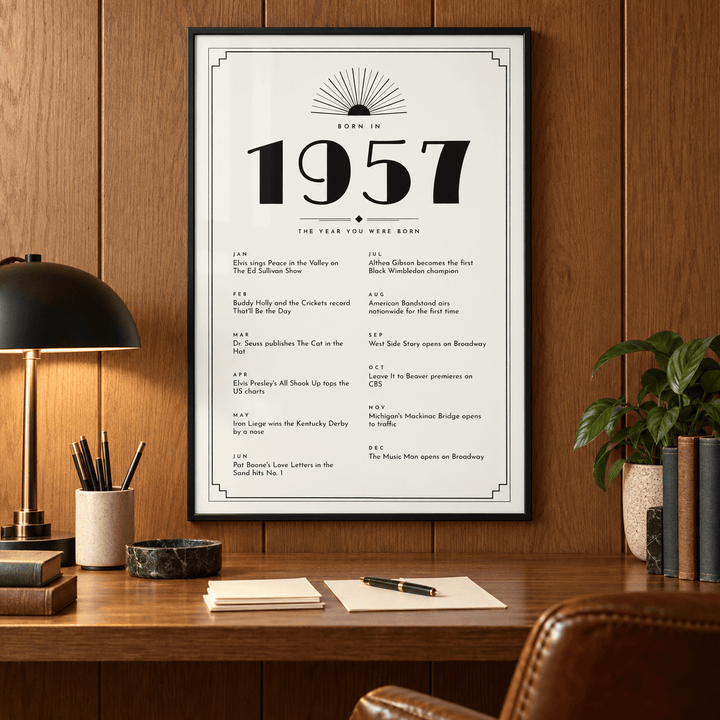 White and black Art Deco 1957 print on a wall in a lived in room