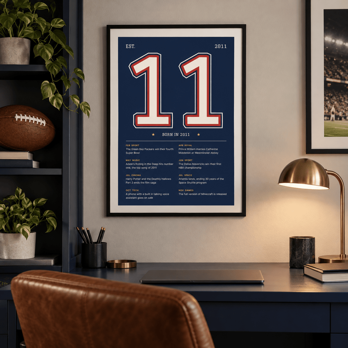 Navy varsity print of 2011 on a wall in a lived in room
