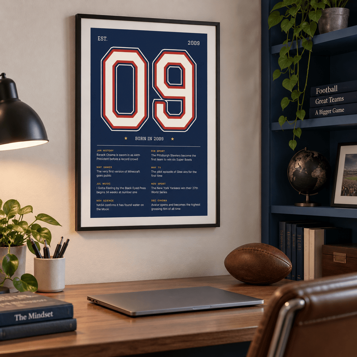 Navy varsity print of 2009 on a wall in a lived in room