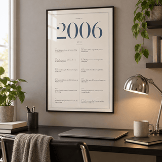 Cream and slate blue 2006 birth year print on a wall in a lived in room