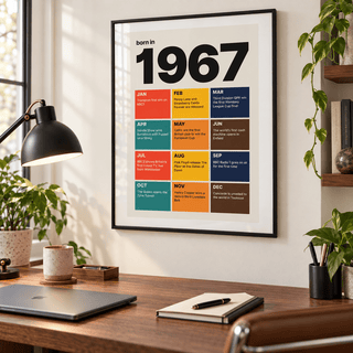Colourful month by month print of 1967 on a wall in a lived in room