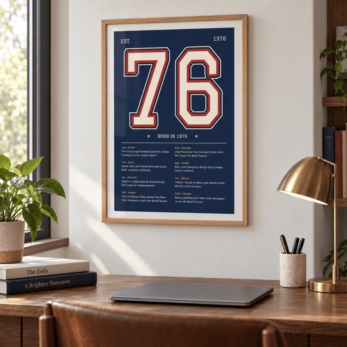 Navy varsity print of 1976 on a wall in a lived in room