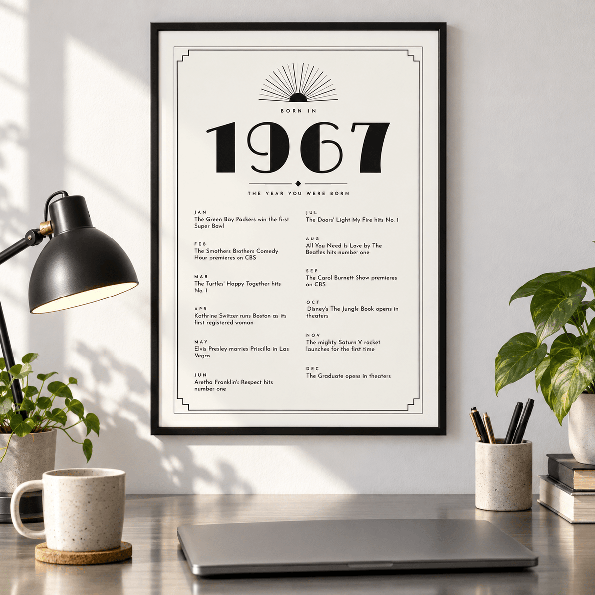 White and black Art Deco 1967 print on a wall in a lived in room