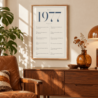 Cream and slate blue 1977 birth year print on a wall in a lived in room