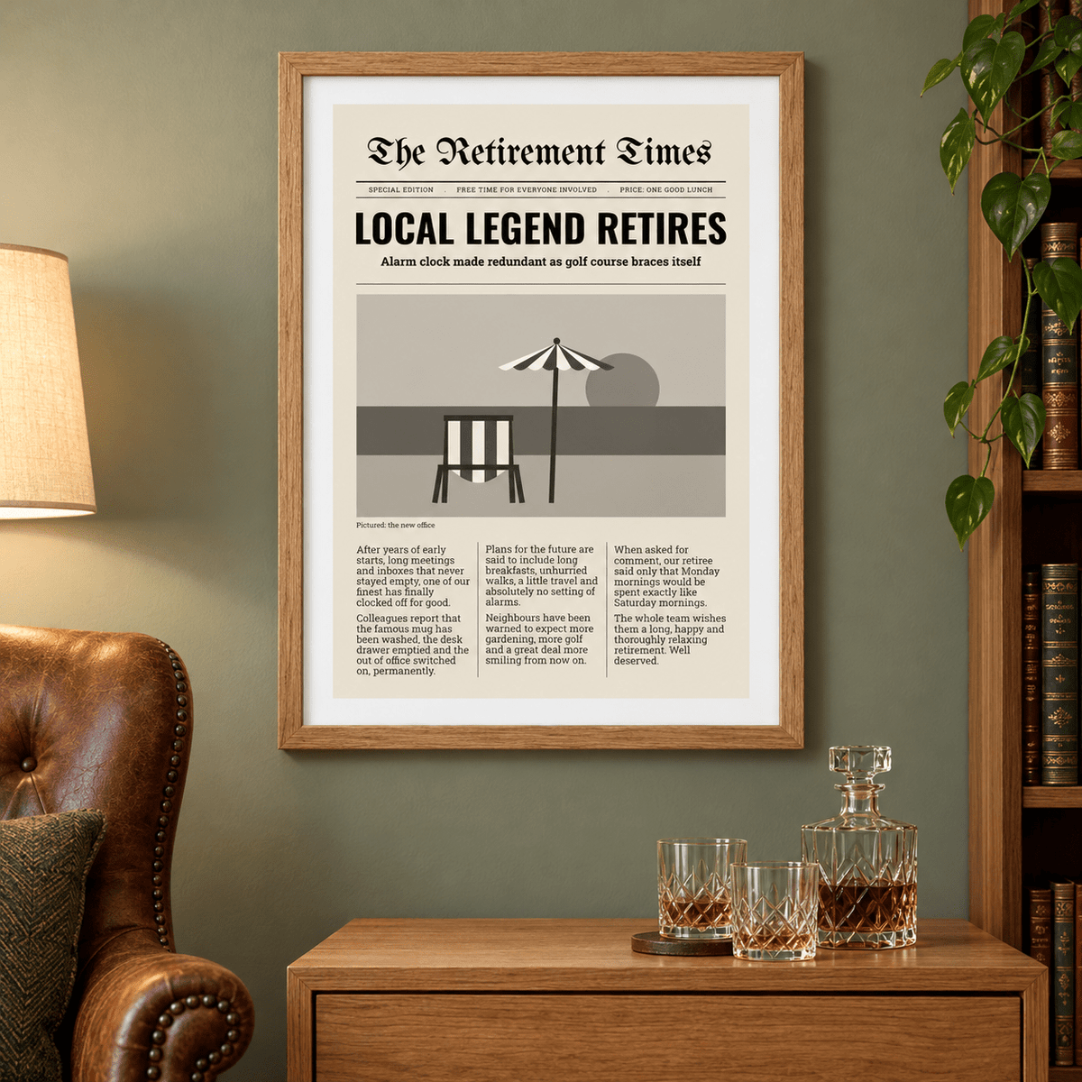 Local legend retires newspaper print beside an armchair in a reading room