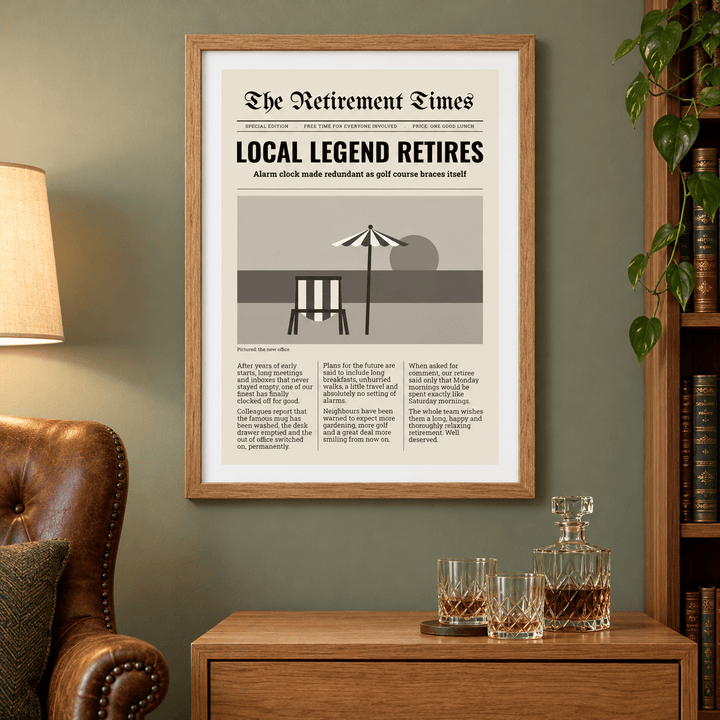Local legend retires newspaper print beside an armchair in a reading room