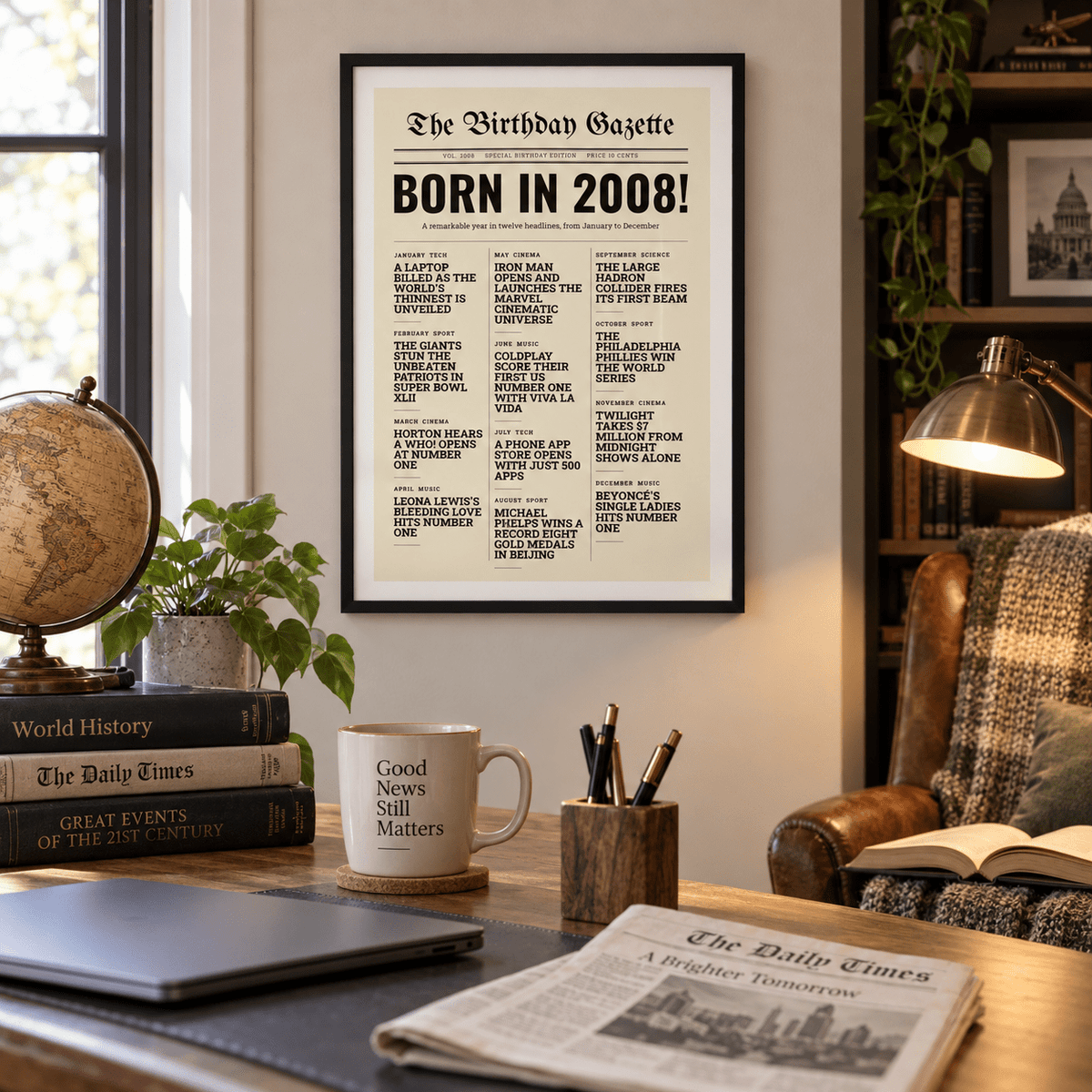 Birthday Gazette print with 2008 headlines on a wall in a lived in room