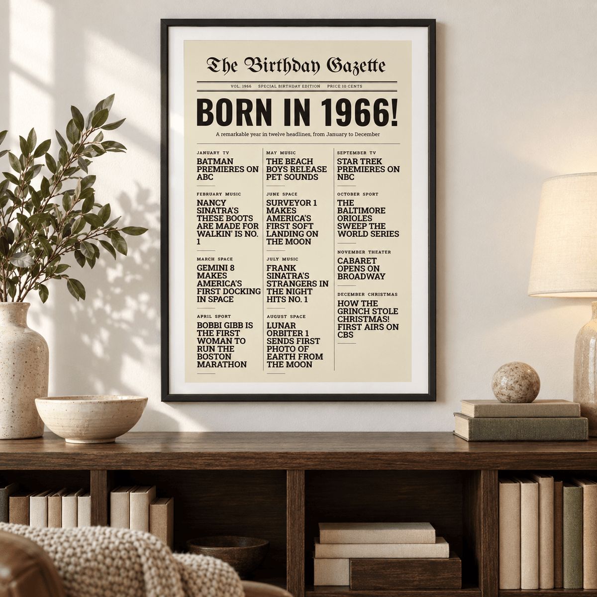 Birthday Gazette print with 1966 headlines on a wall in a lived in room