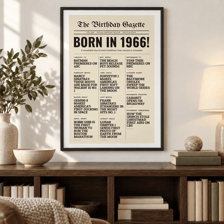 Birthday Gazette print with 1966 headlines on a wall in a lived in room
