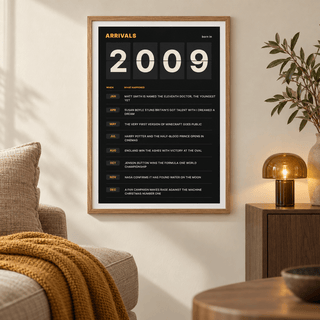 Arrivals board print with 2009 on flap tiles on a wall in a lived in room