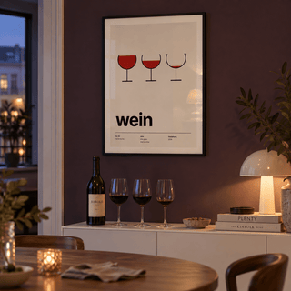 Swiss style red wine glasses print above a sideboard in a dining against an aubergine wall