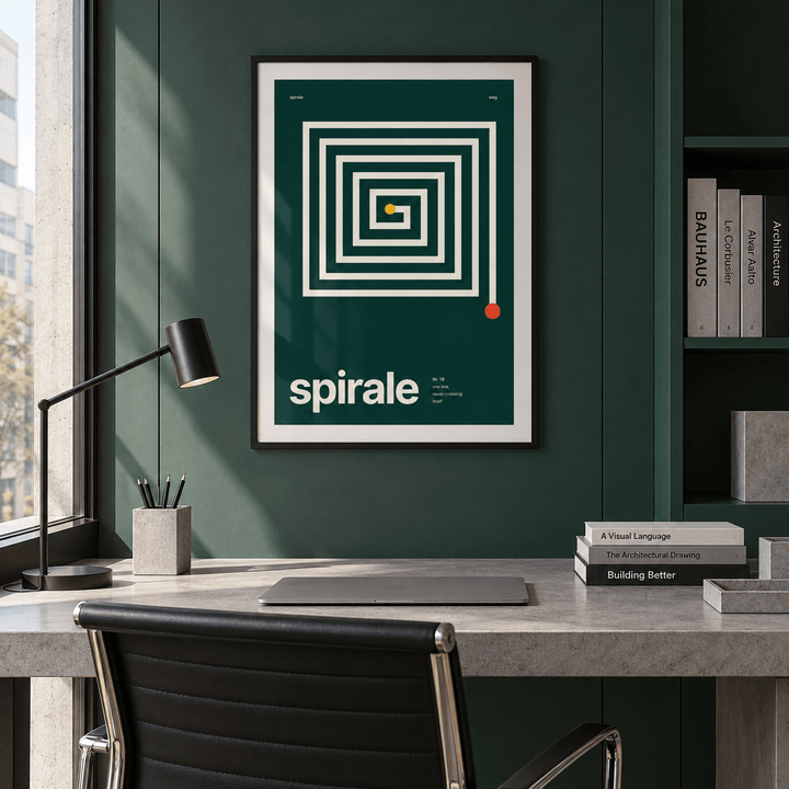 Geometric square spiral print above a desk in a home office