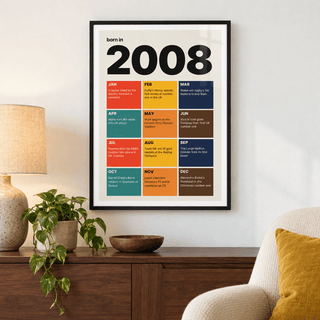 Colourful month by month print of 2008 on a wall in a lived in room