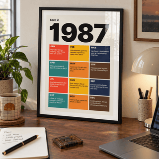 Colourful month by month print of 1987 on a wall in a lived in room