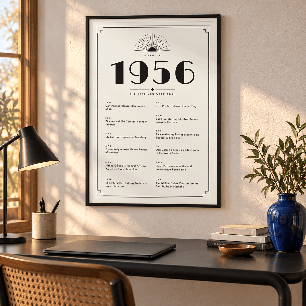 White and black Art Deco 1956 print on a wall in a lived in room