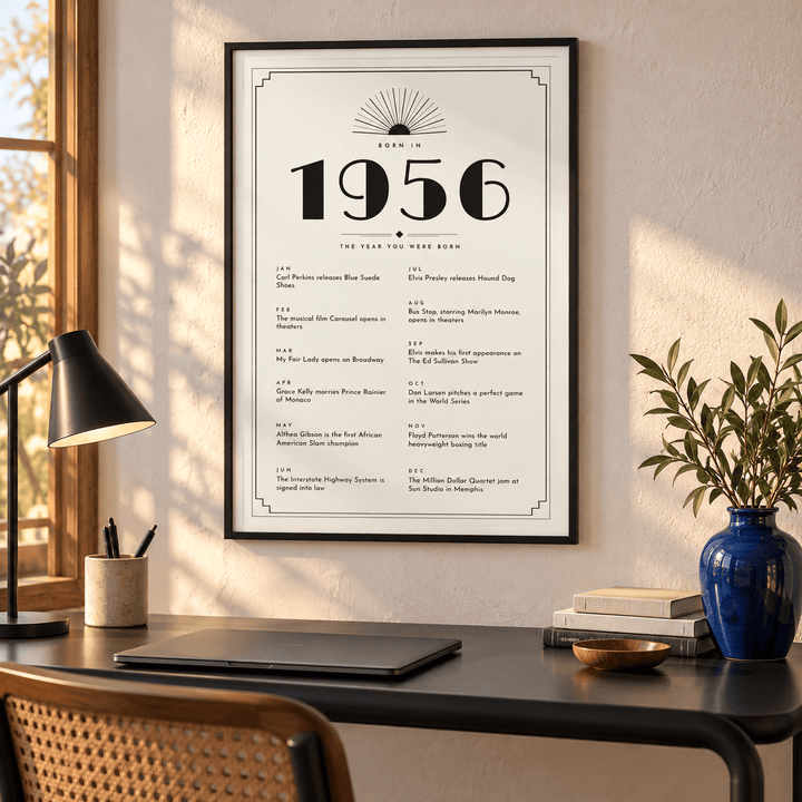 White and black Art Deco 1956 print on a wall in a lived in room