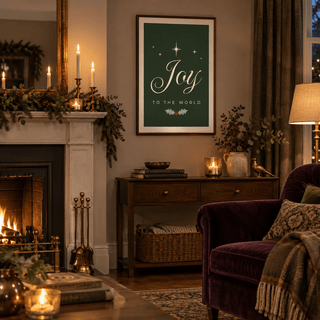 Green Joy print above a dark wood console in a cosy living room with a fire