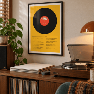 Black vinyl record print with a 1997 label on a wall in a lived in room