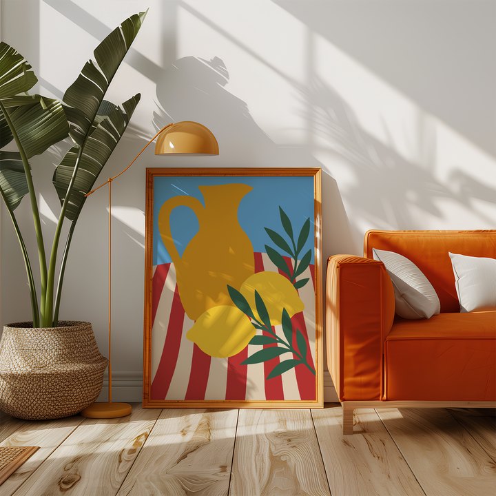 Mustard jug on a striped cloth beside an orange sofa in a sunny living room