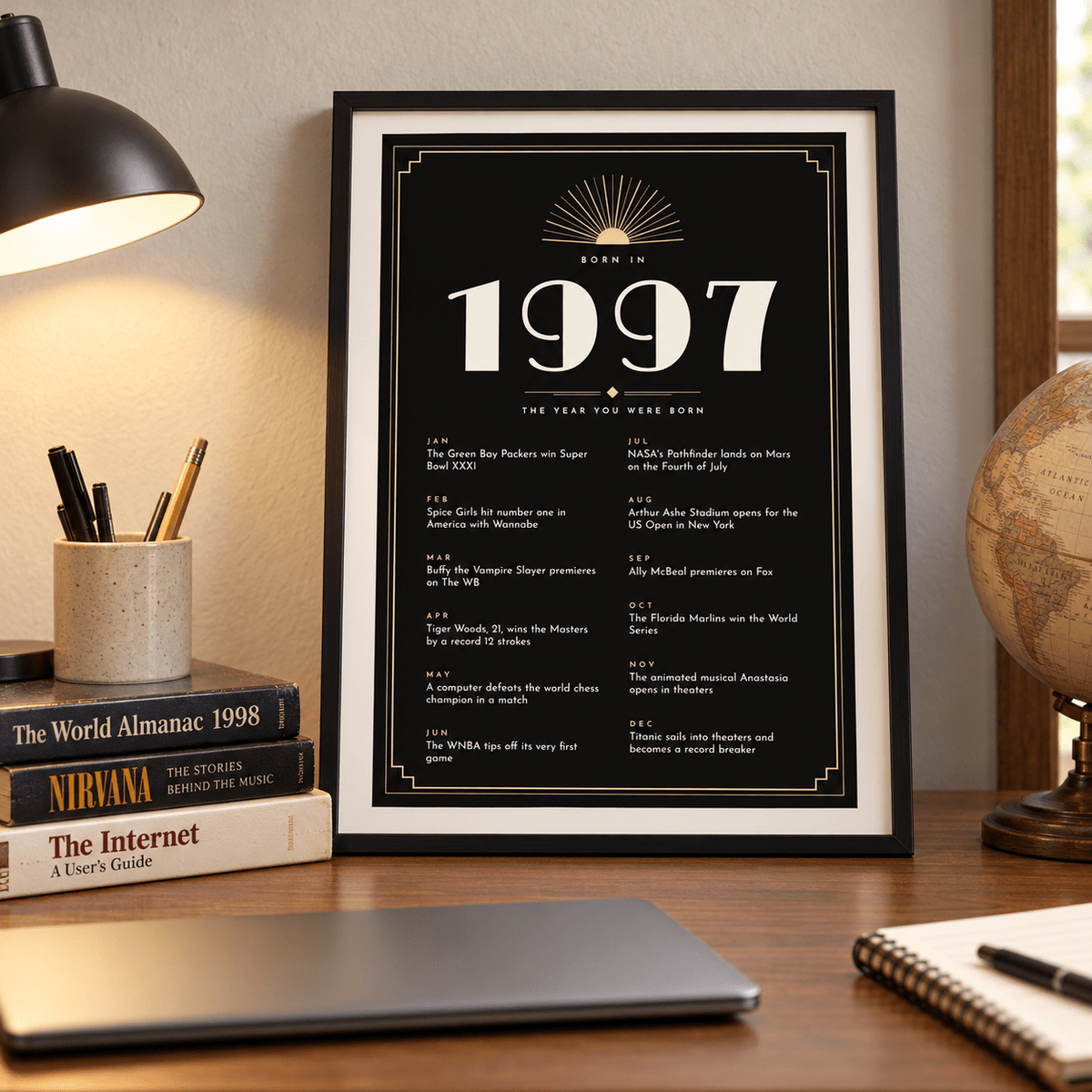 Black and champagne Art Deco 1997 print on a wall in a lived in room