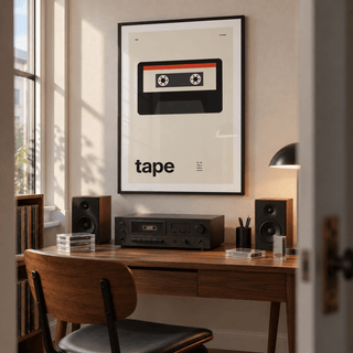Black cassette with red label print above a home music desk