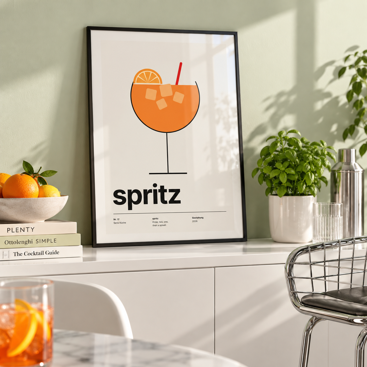 Spritz with ice and orange wheel print in a pistachio bar cabinet