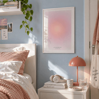 Soft peach and pink halo print in a bedroom against a powder blue wall