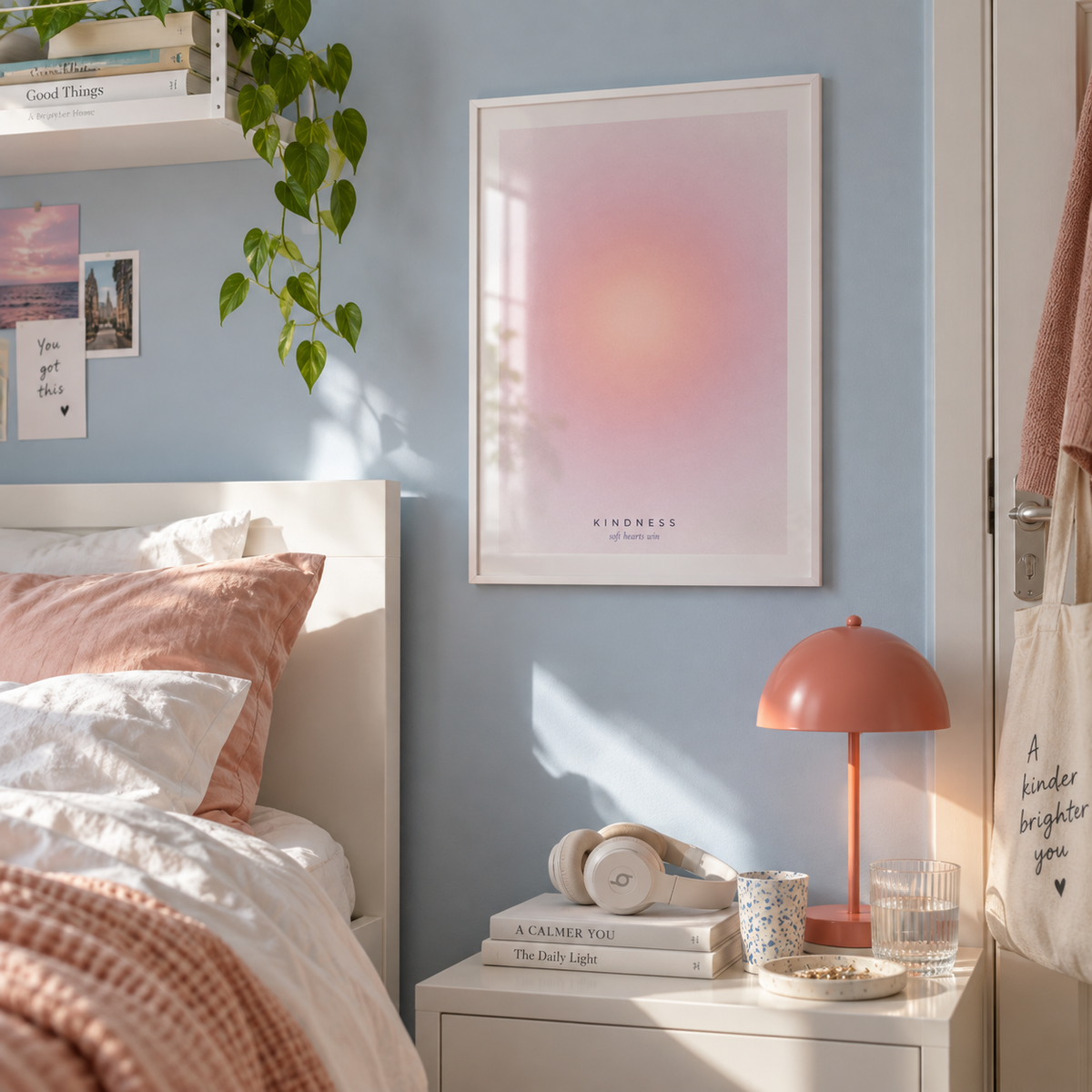 Soft peach and pink halo print in a bedroom against a powder blue wall