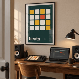 Sixteen drum pads on deep green print above a home music desk