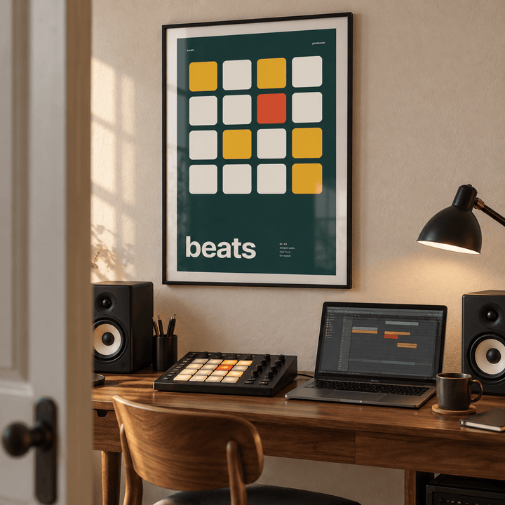 Sixteen drum pads on deep green print above a home music desk