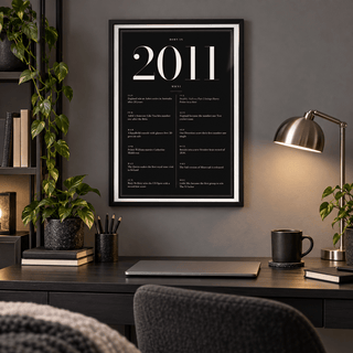 Black and ivory 2011 birth year print on a wall in a lived in room