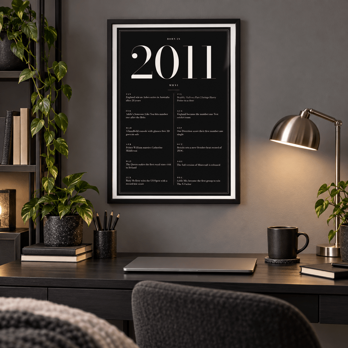 Black and ivory 2011 birth year print on a wall in a lived in room