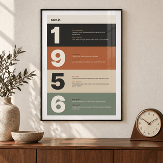 Charcoal terracotta sand and sage 1956 print on a wall in a lived in room