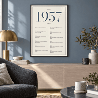 Cream and slate blue 1957 birth year print on a wall in a lived in room