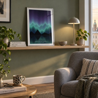 Northern lights lake reflection print above a sideboard against a white wall