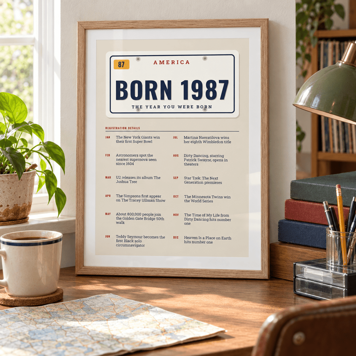 License plate print reading BORN 1987 on a wall in a lived in room