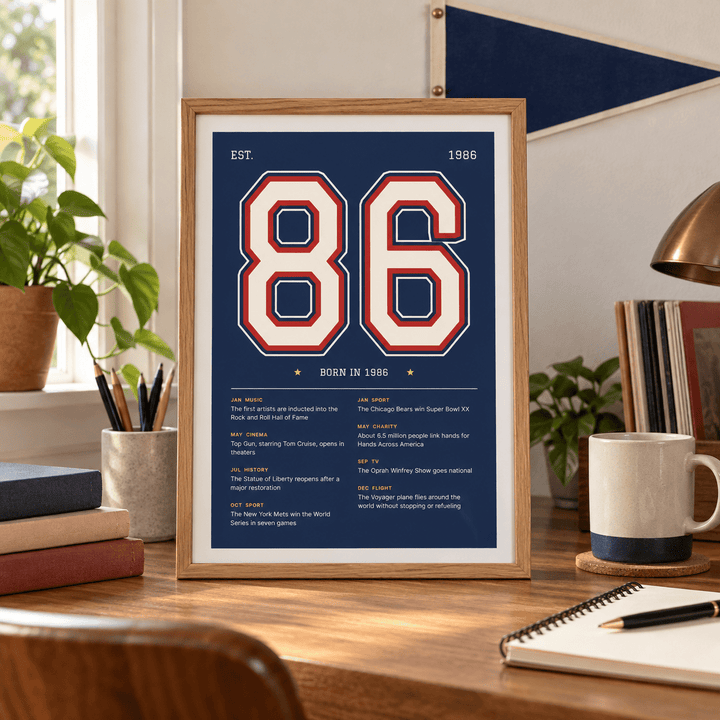 Navy varsity print of 1986 on a wall in a lived in room