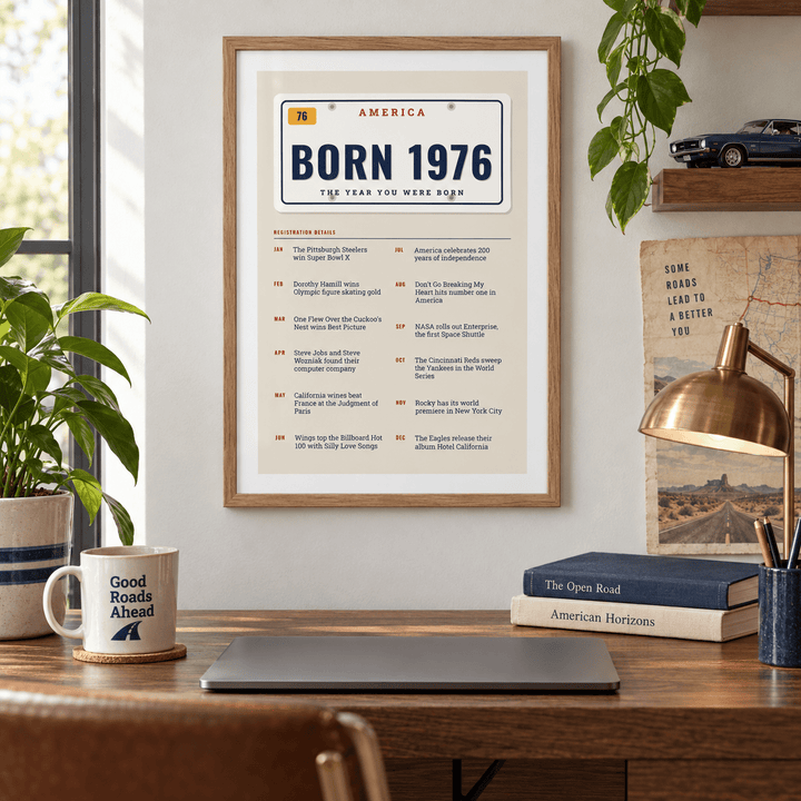 License plate print reading BORN 1976 on a wall in a lived in room