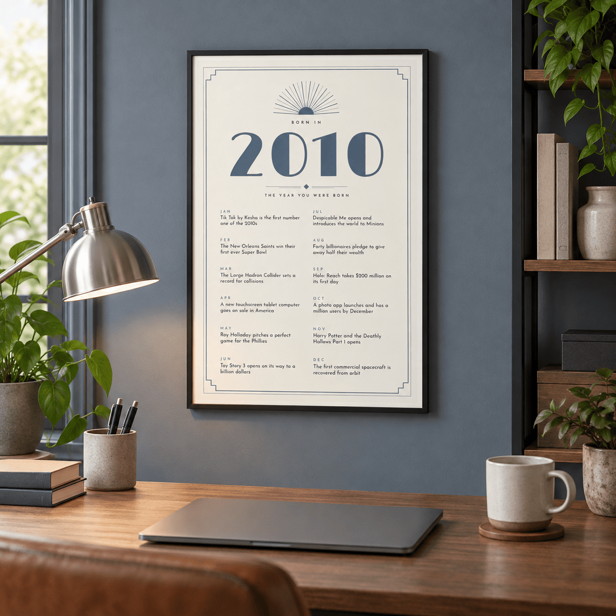 Cream and slate blue Deco print of 2010 on a wall in a lived in room