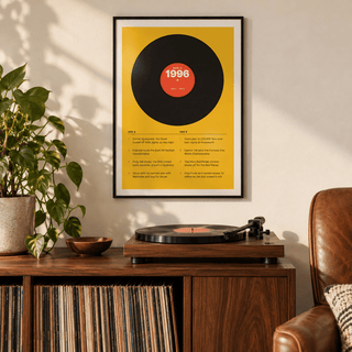 Black vinyl record print with a 1996 label on a wall in a lived in room