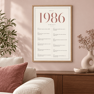 Cream and dusty rose 1986 birth year print on a wall in a lived in room