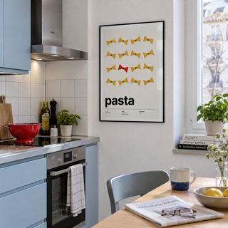 Yellow bow tie pasta print with one red in a galley kitchen against a blue wall