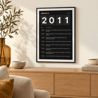 Arrivals board print with 2011 on flap tiles on a wall in a lived in room