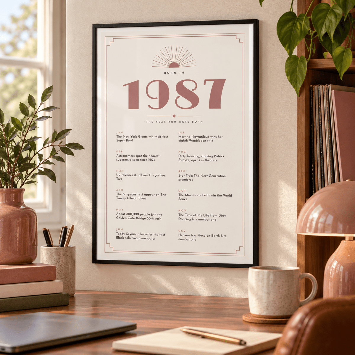 Cream and dusty rose Deco print of 1987 on a wall in a lived in room