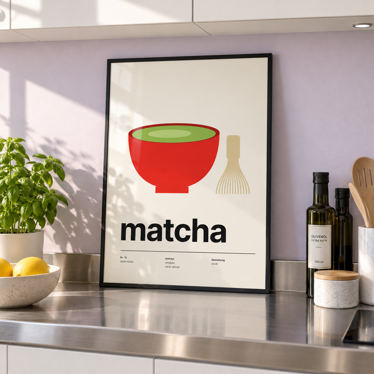 Matcha bowl and bamboo whisk print in a kitchen counter against a lilac wall