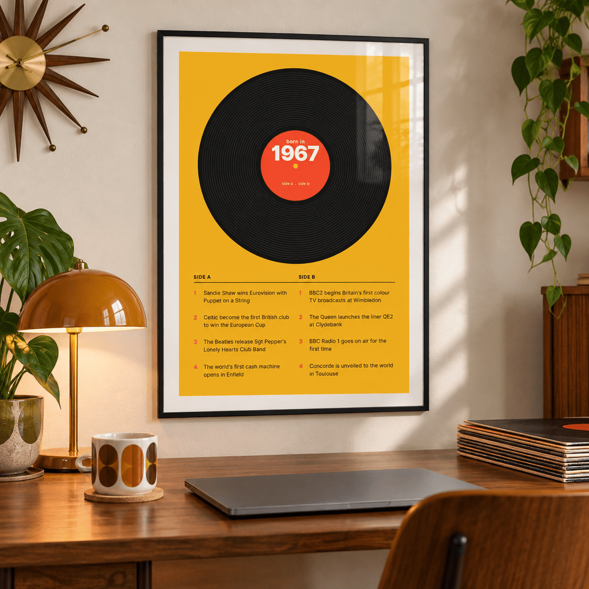 Black vinyl record print with a 1967 label on a wall in a lived in room