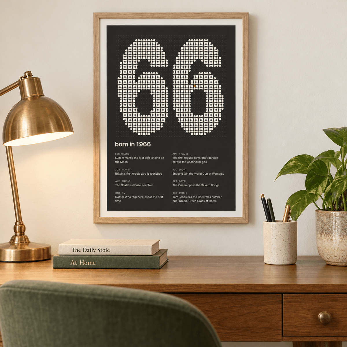 Charcoal halftone print of the year 1966 on a wall in a lived in room